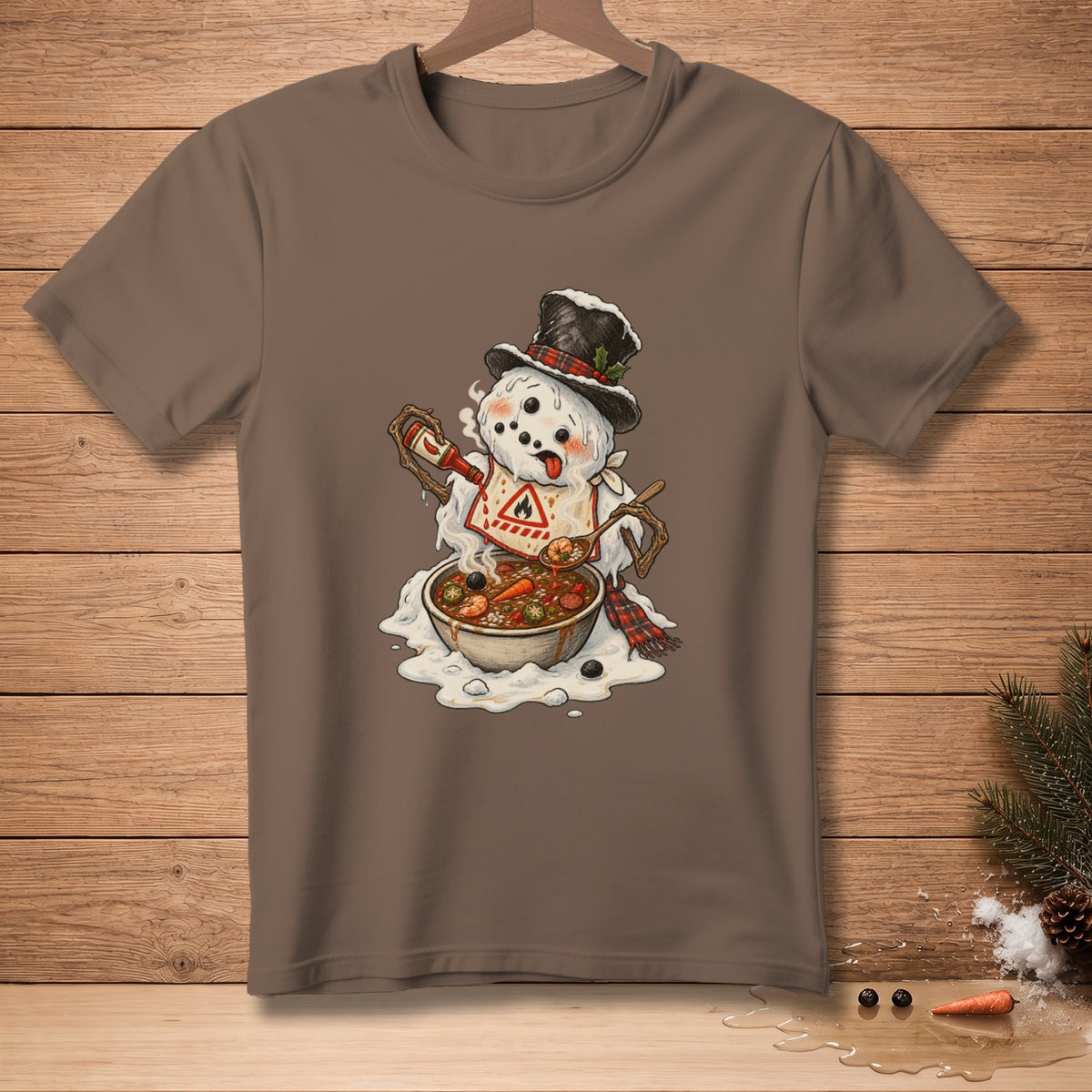 Melting snowman in a top hat eating soup from a bowl with a spoon.