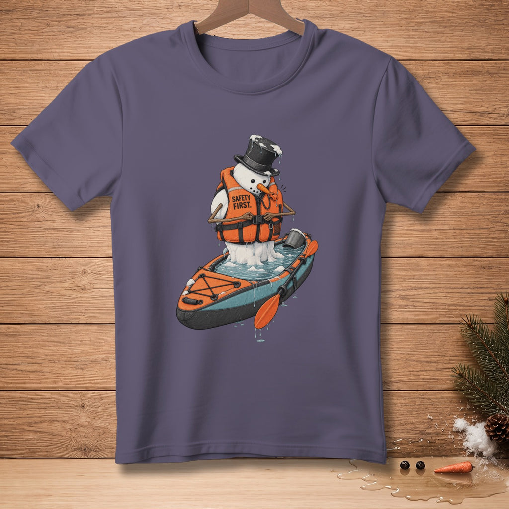 Snowman in a kayak with a life vest that reads "Safety First."