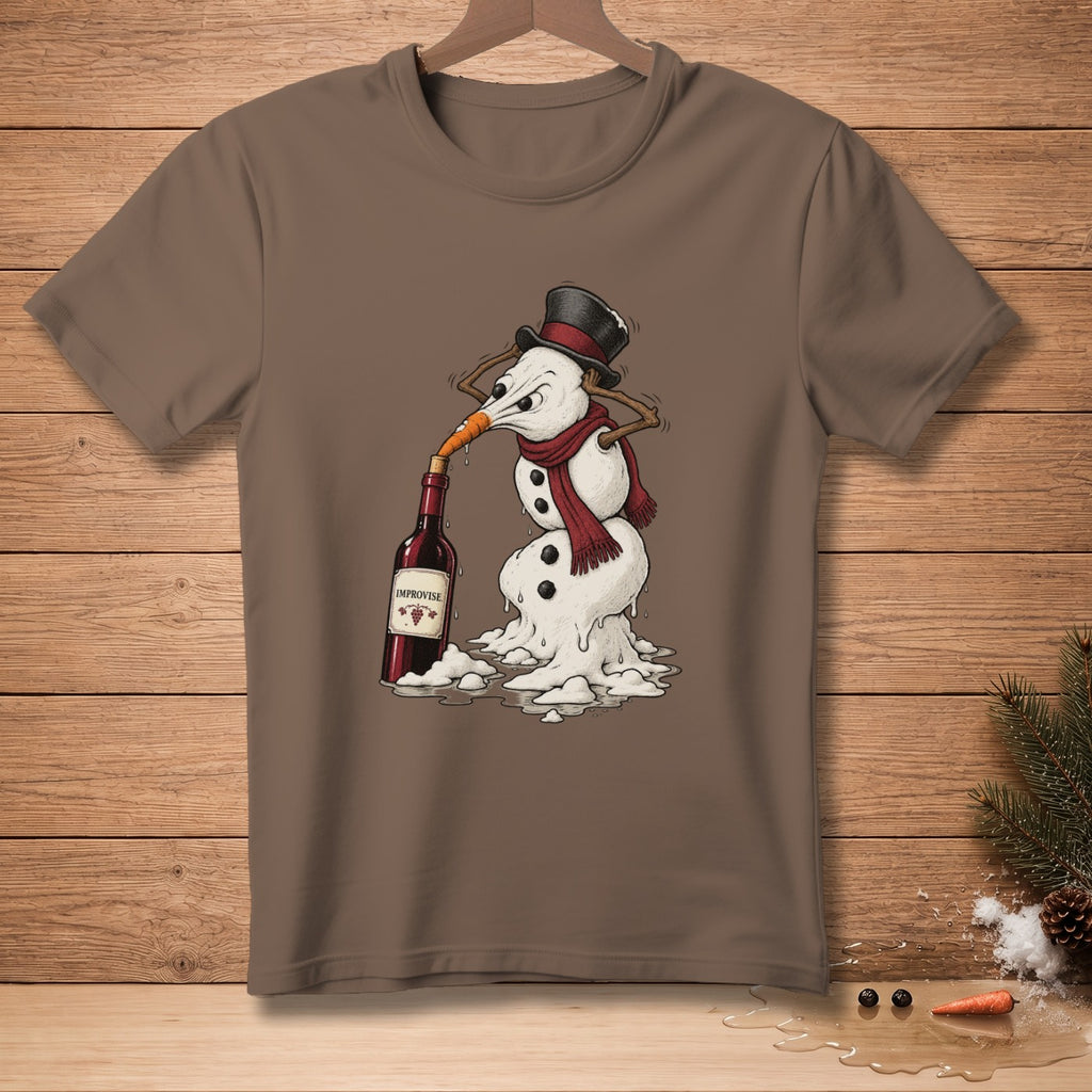 Melting snowman with carrot nose drinking from a bottle labeled "IMPROVISE".