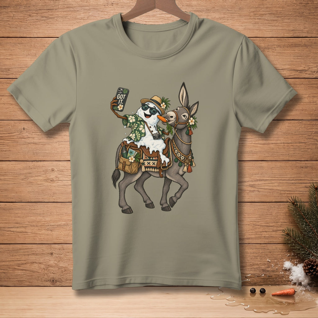 Snowman on a donkey taking a selfie with "GOT IT." on phone screen.