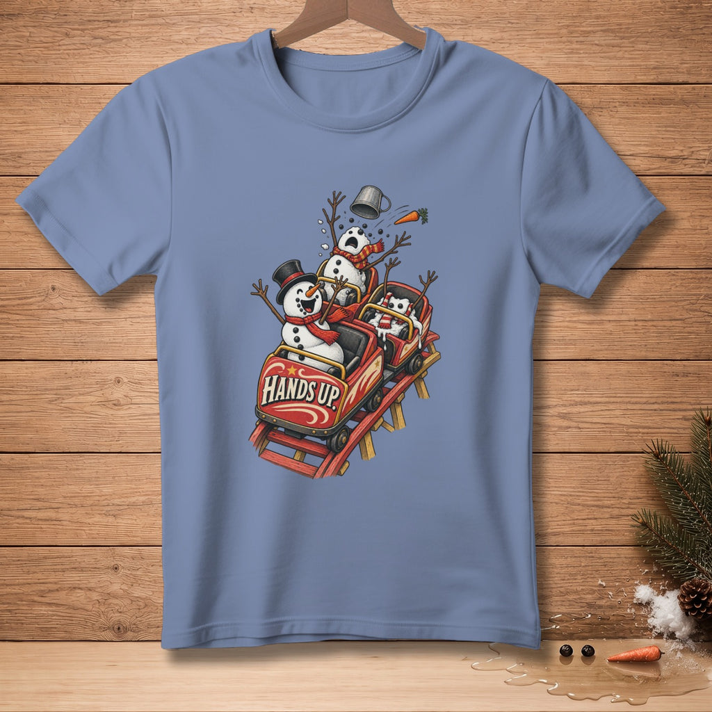 Snowmen on a rollercoaster with "Hands Up" text on the cart.
