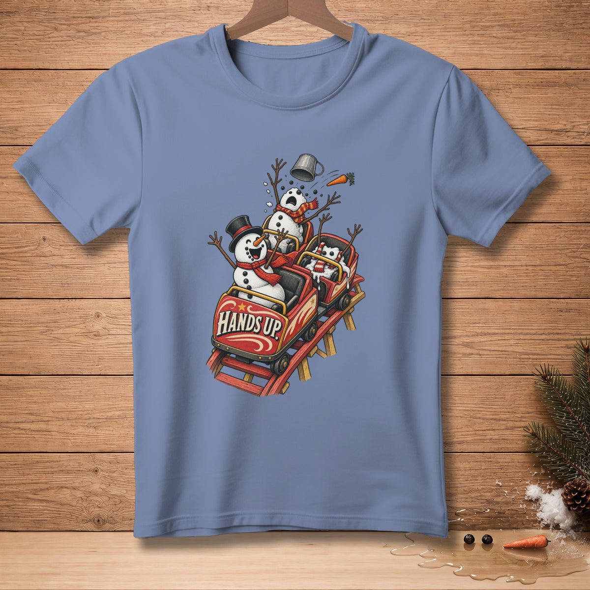 Snowmen on a rollercoaster with "Hands Up" text on the cart.
