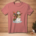 Snowman explorer with parrot on signpost holding a map, on a pink t-shirt.