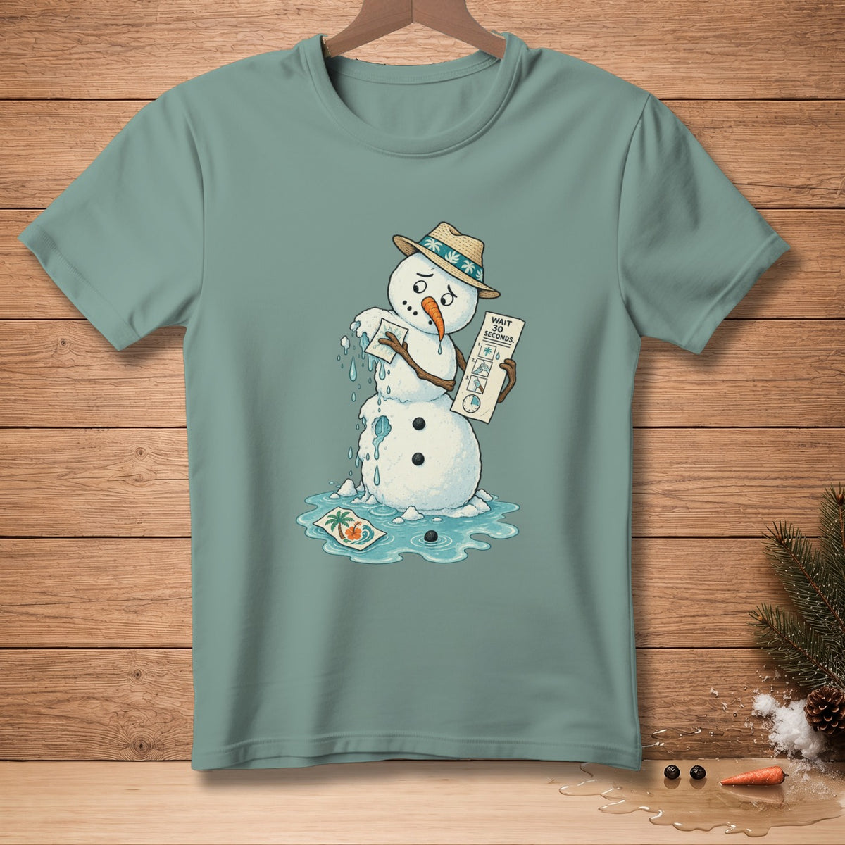 Snowman melting on a beach, holding a "Wait 30 Seconds" card.