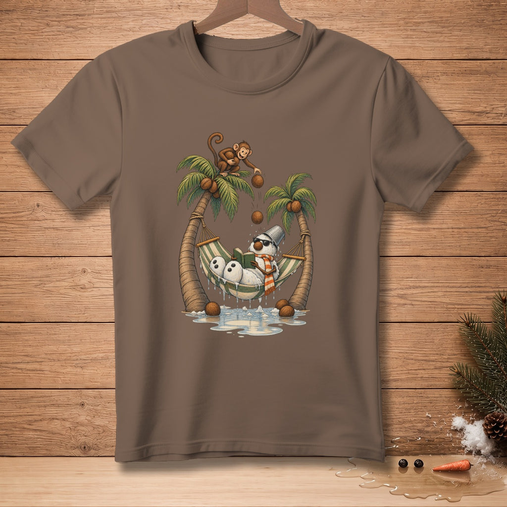 Snowman in hammock between palm trees with monkey dropping coconuts.