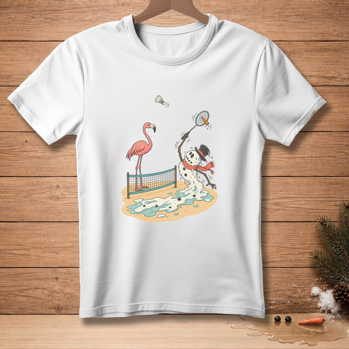 Flamingo and melting snowman playing badminton on a beach net.