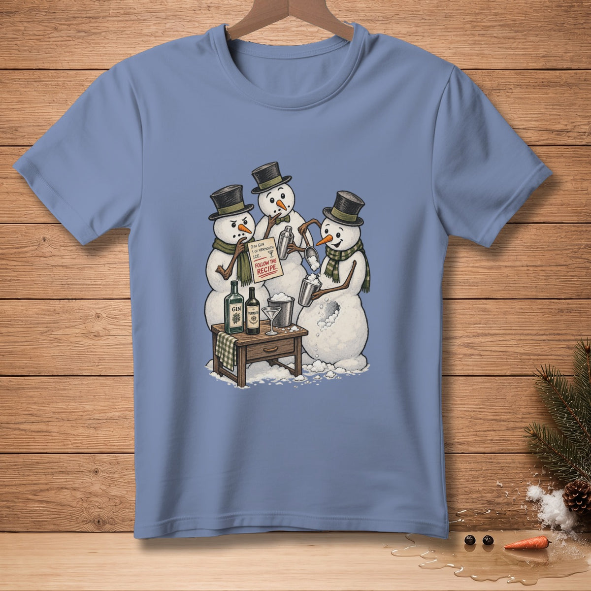 Three snowmen make drinks with gin, vermouth, and a recipe card.