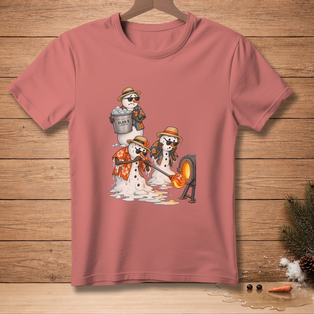 Three melting snowmen with sunglasses and Hawaiian shirts are melting and working a glass furnace.