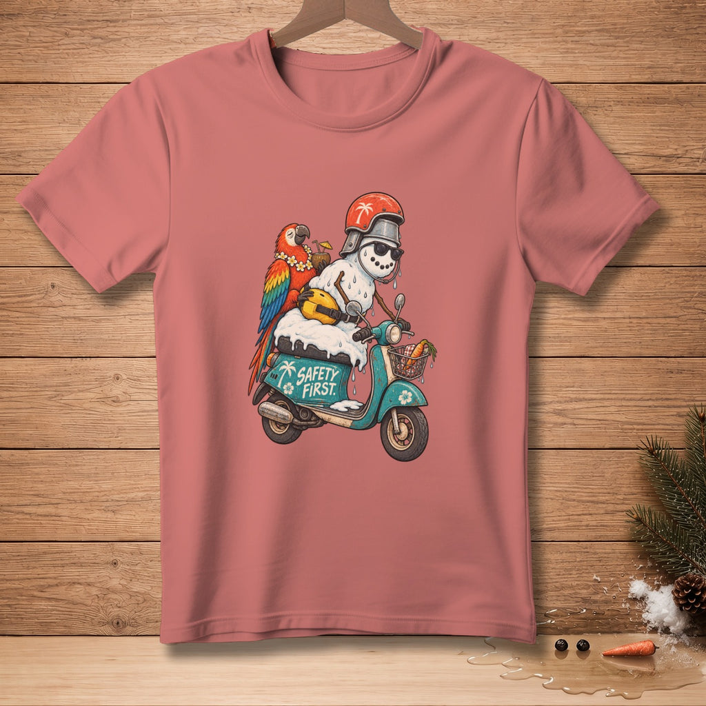 Snowman with parrot on scooter, text reads "Safety First".