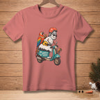 Snowman with parrot on scooter, text reads "Safety First".