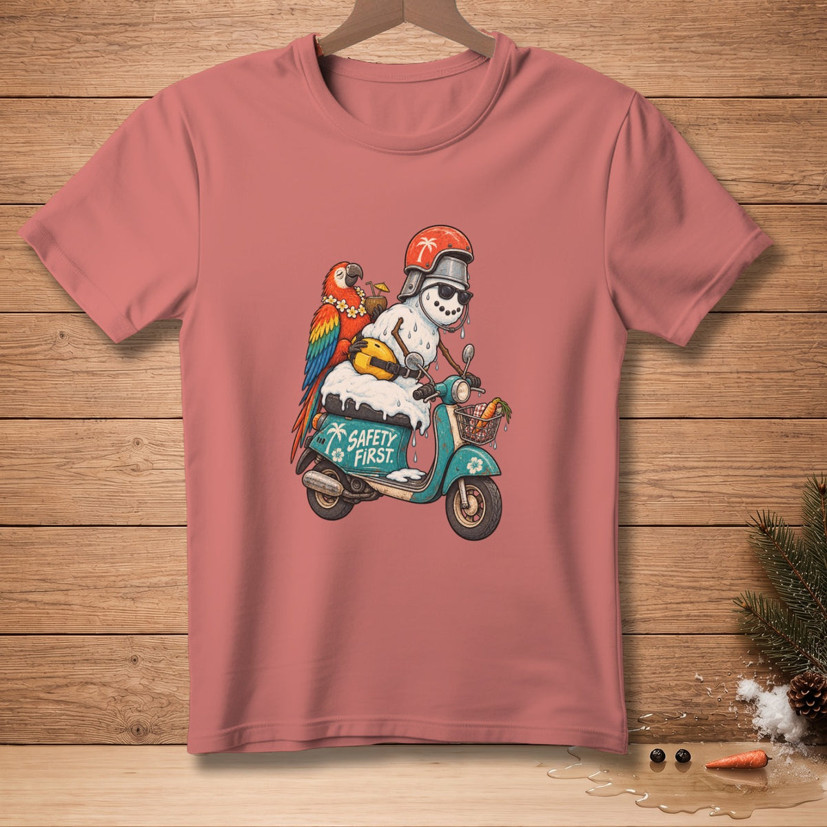 Snowman with parrot on scooter, text reads "Safety First".