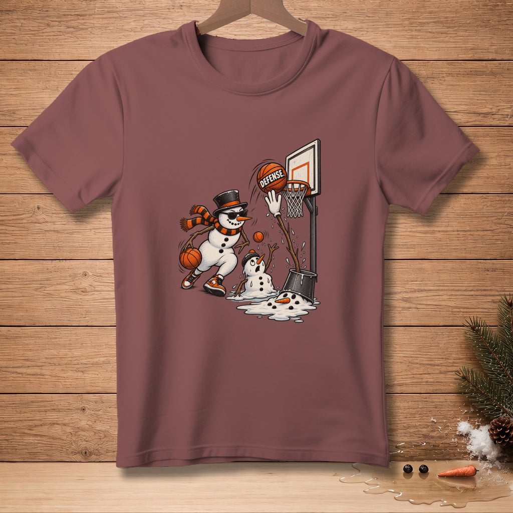Snowmen playing basketball with "Defense" text on the ball.
