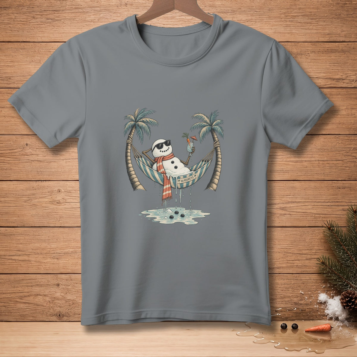 Gray t-shirt with a melting snowman in a hammock, text "NO REGRETS".