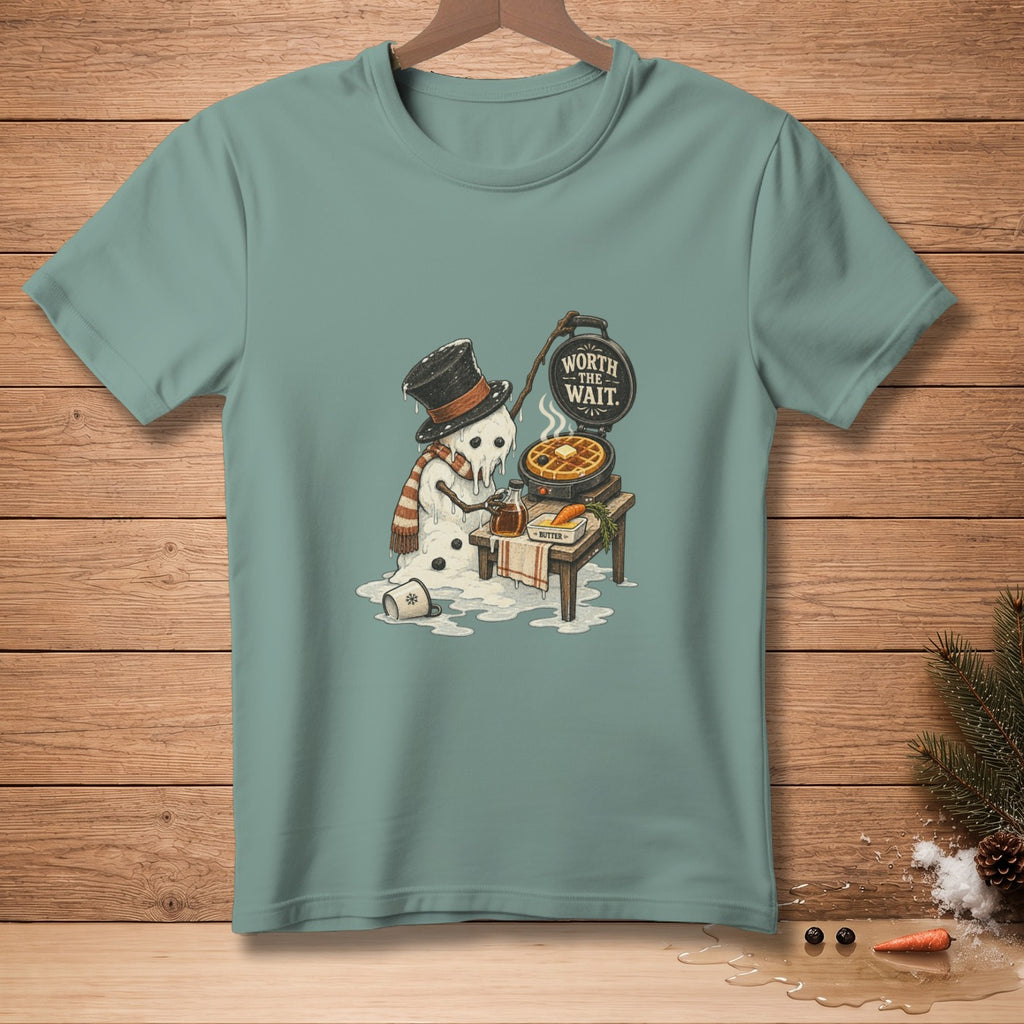 Melting snowman in a top hat makes waffles with text "Worth the Wait."