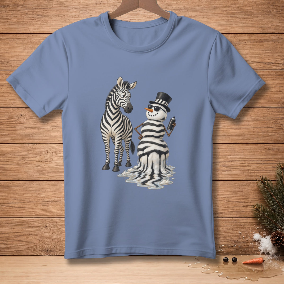 T-shirt graphic of a zebra next to a melting snowman wearing a hat and sunglasses.