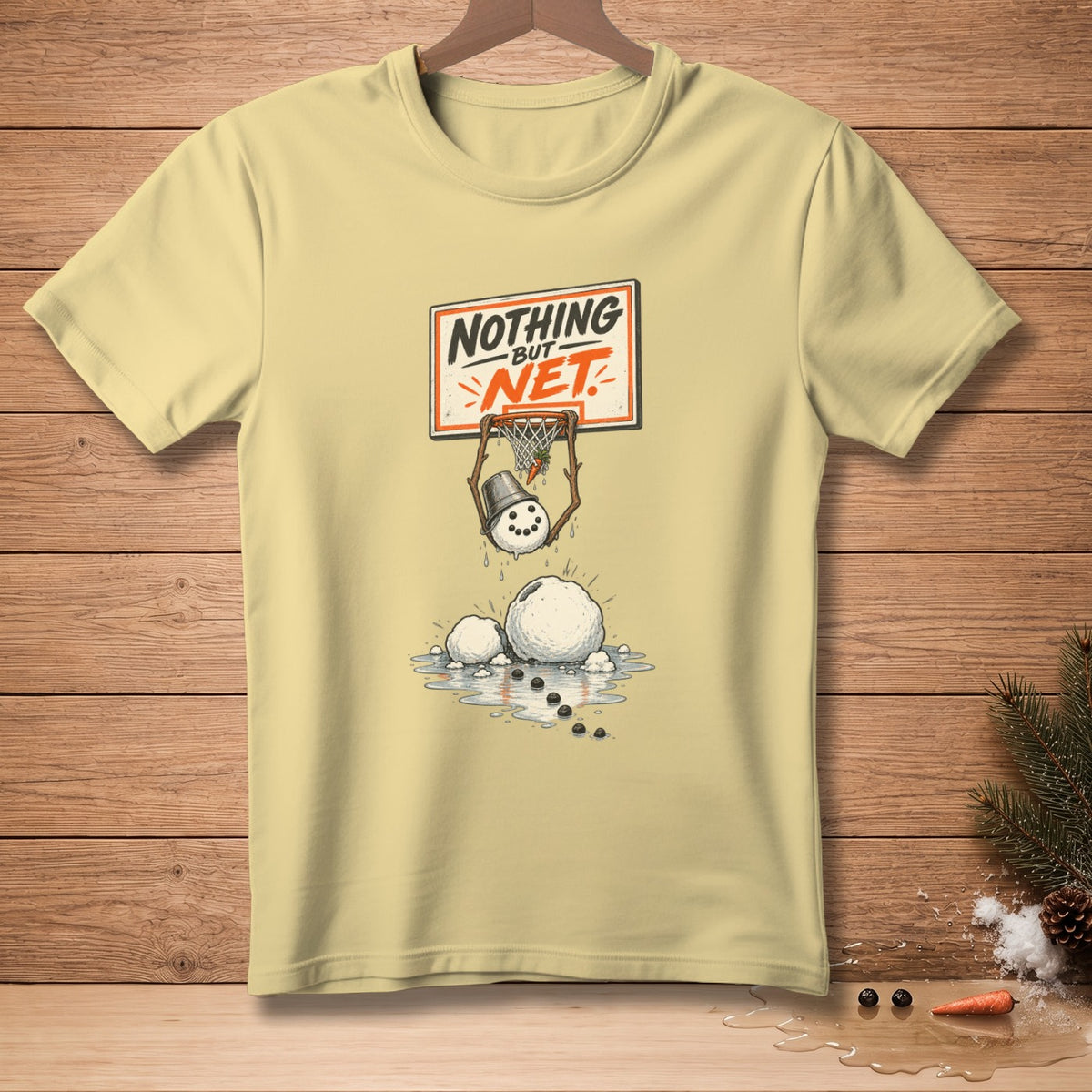 T-shirt with "Nothing But Net" text and a melting snowman playing basketball.