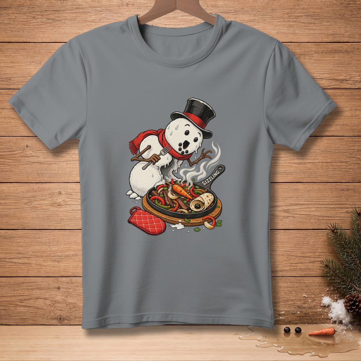 Snowman in top hat and scarf cooking fajitas in a sizzling pan.