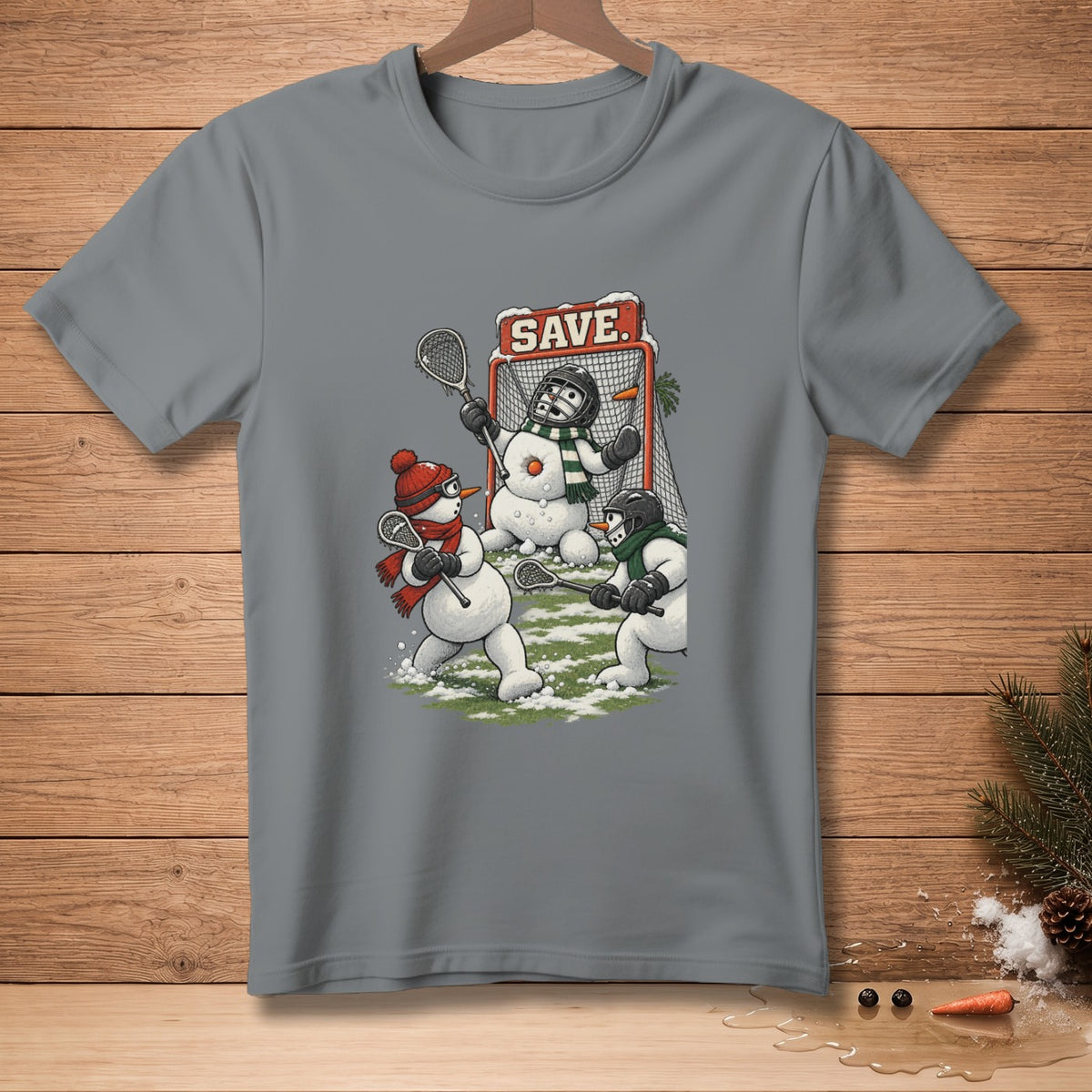 Snowmen playing lacrosse with goalie making a save, text "SAVE."