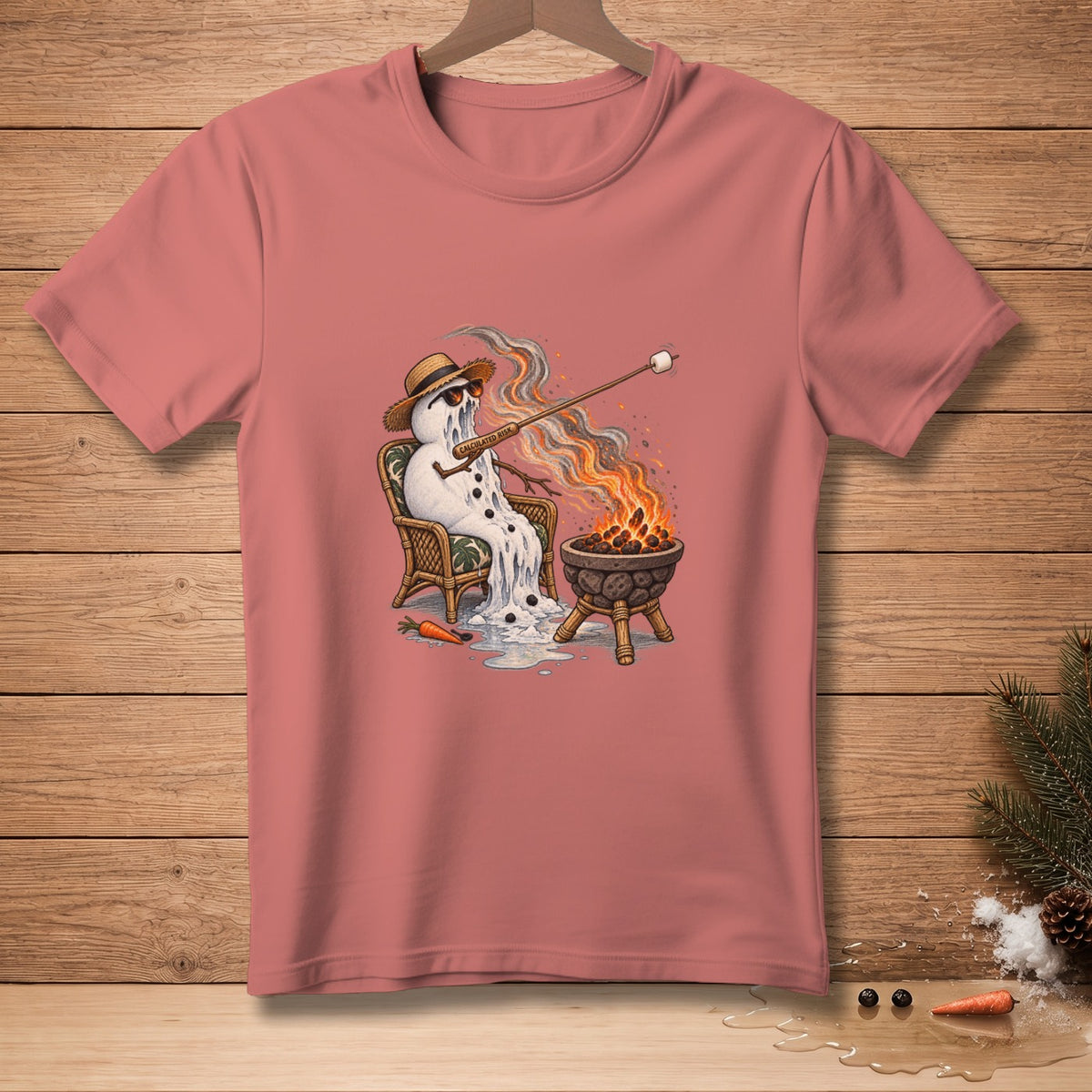 Melting snowman sits by campfire roasting marshmallow, text "Calculated Risk."