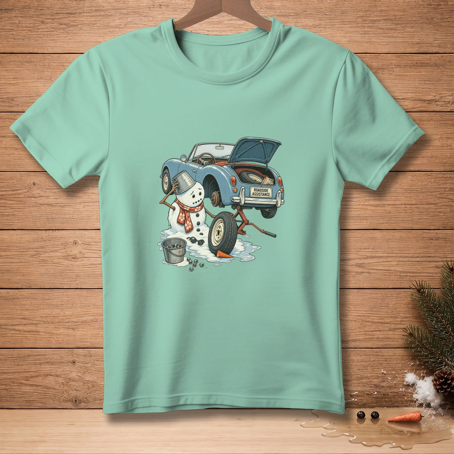 Snowman changing a tire on a blue convertible with "Roadside Assistance" license plate.