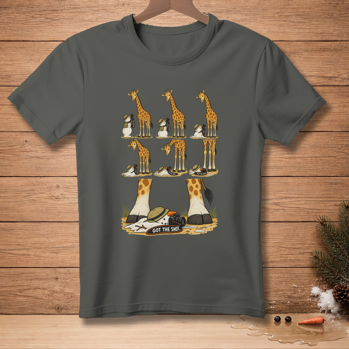 Giraffes, snowmen, and a camera with the text "GOT THE SHOT."
