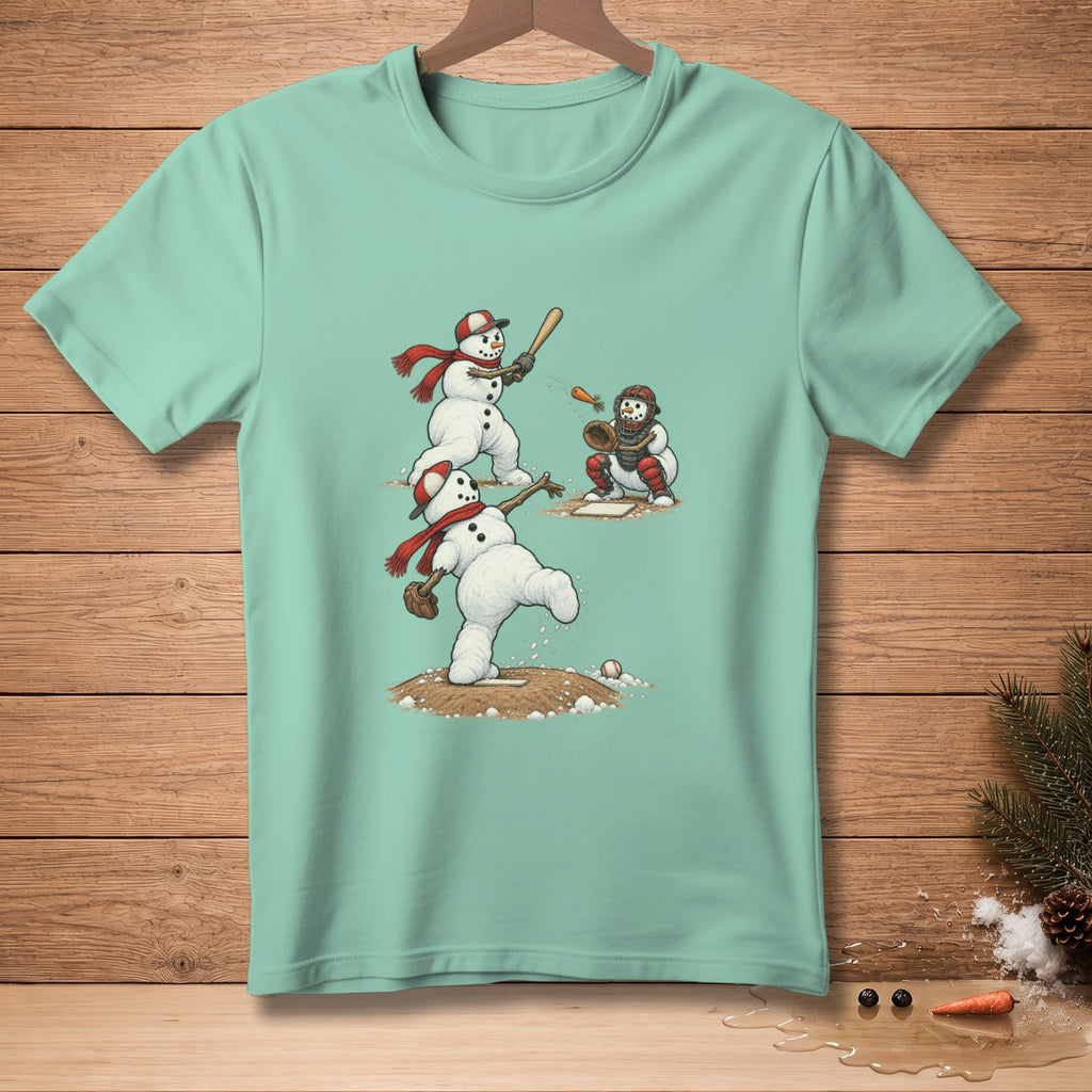 Snowmen playing baseball with a pitcher, batter, and catcher on a light teal t-shirt.