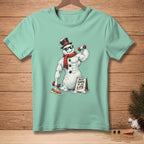 Shirt with muscular snowman lifting weights, wearing a top hat and scarf.