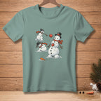 Three snowmen are playing in the snow with red scarves and hats.