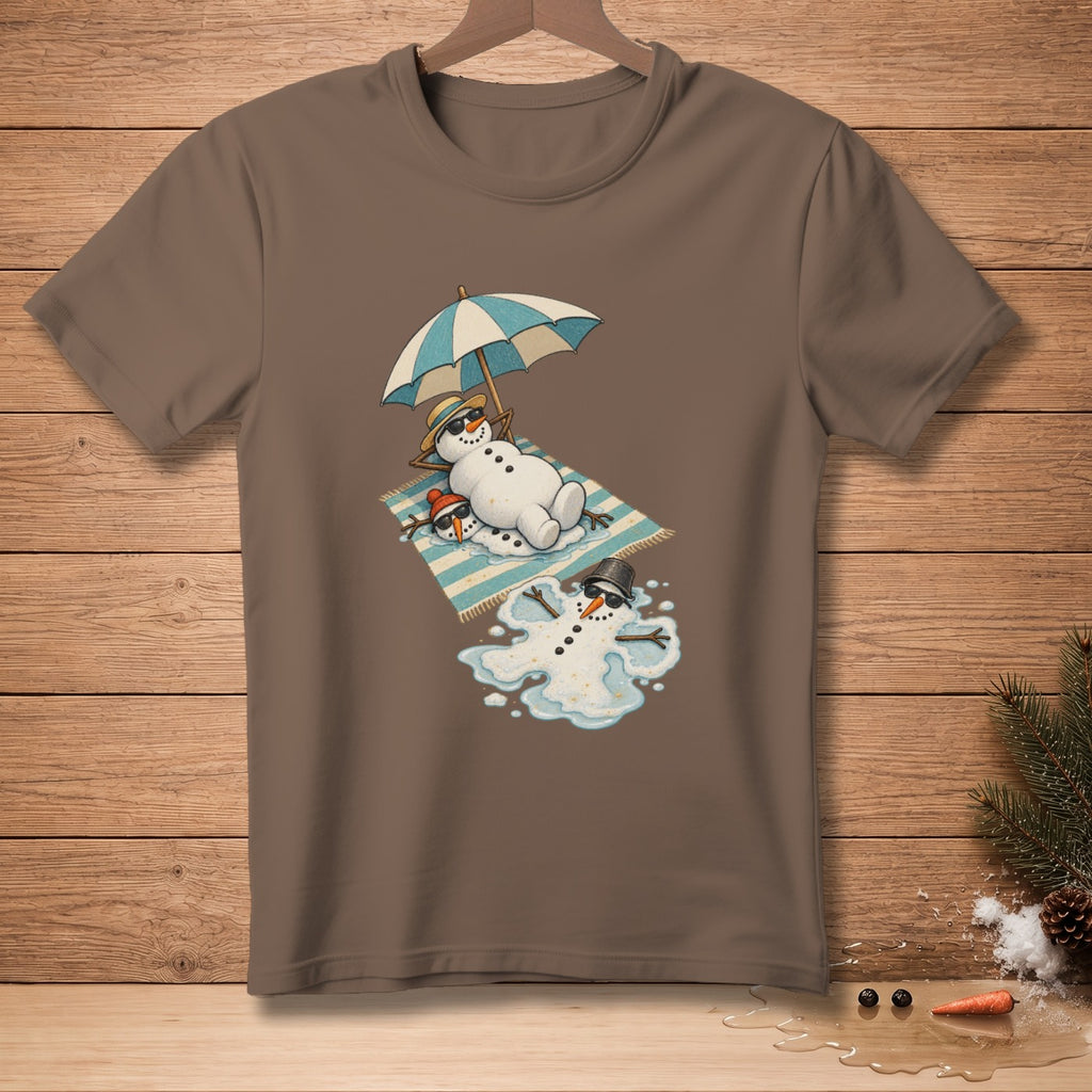 Melting snowmen on a beach towel under an umbrella with a melting snowman on the ground.