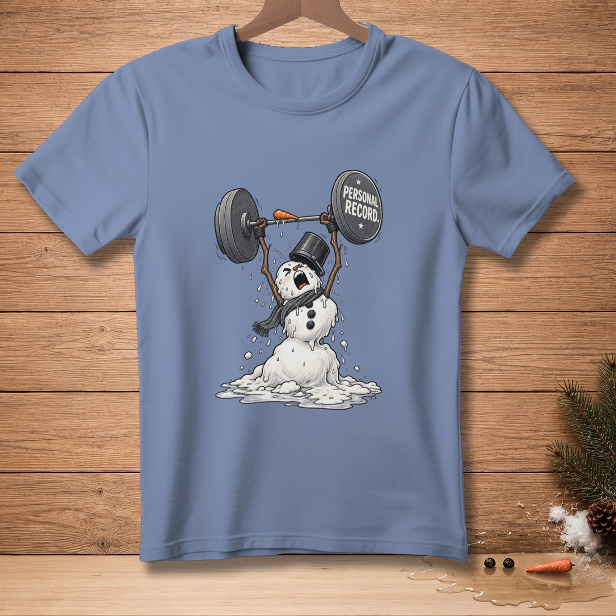Melting snowman in a top hat and scarf lifts a barbell with "PERSONAL RECORD." text.