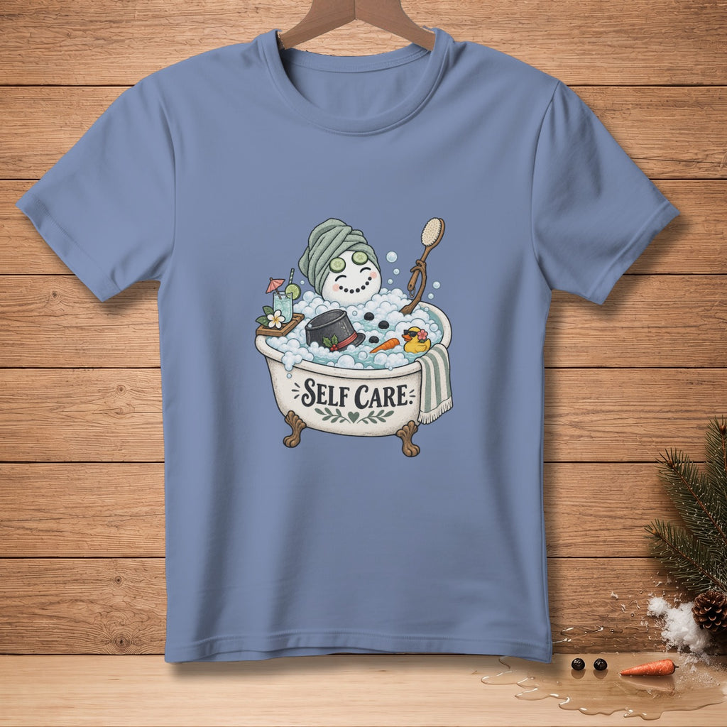 Snowman taking a bubble bath with "Self Care" text on the tub.
