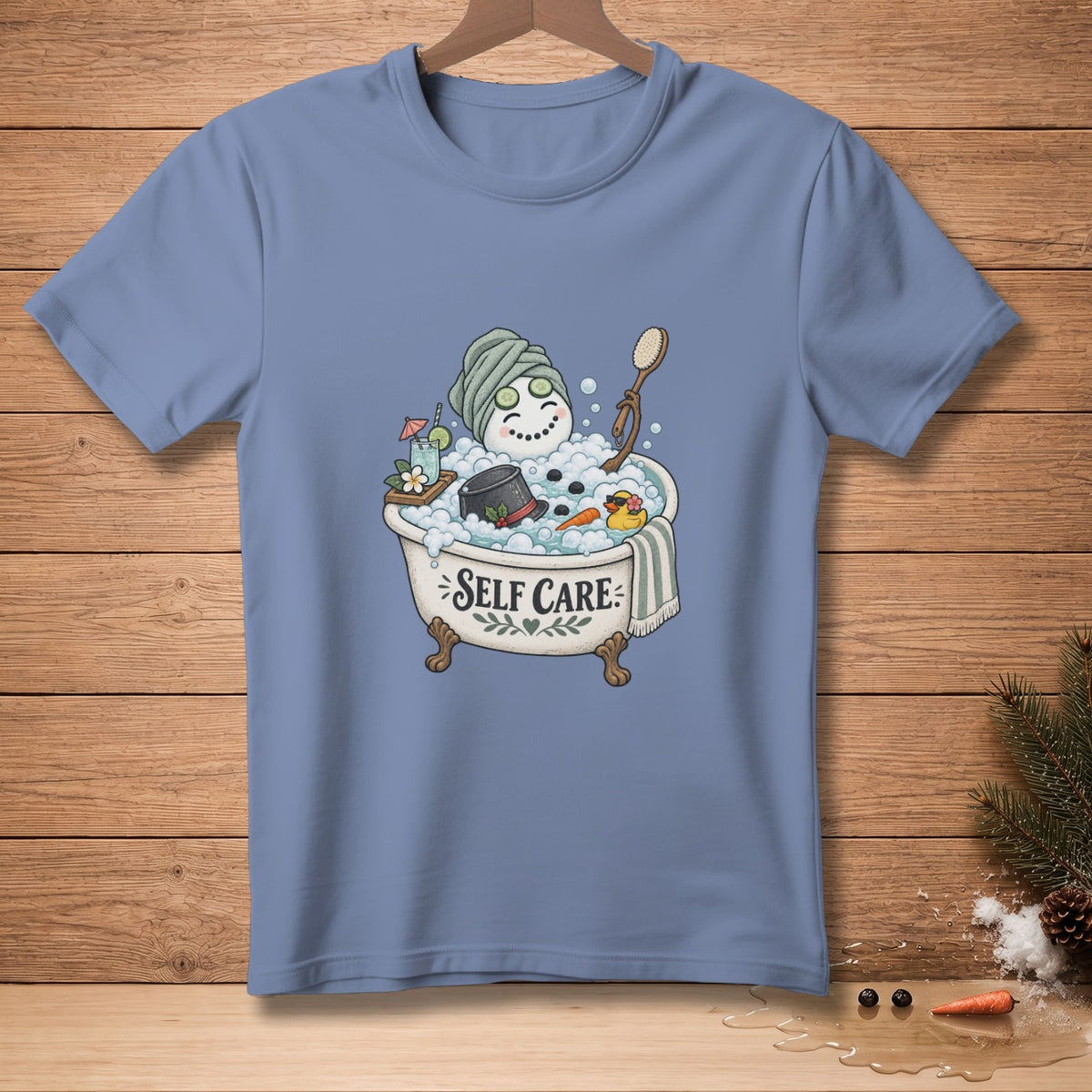 Snowman taking a bubble bath with "Self Care" text on the tub.