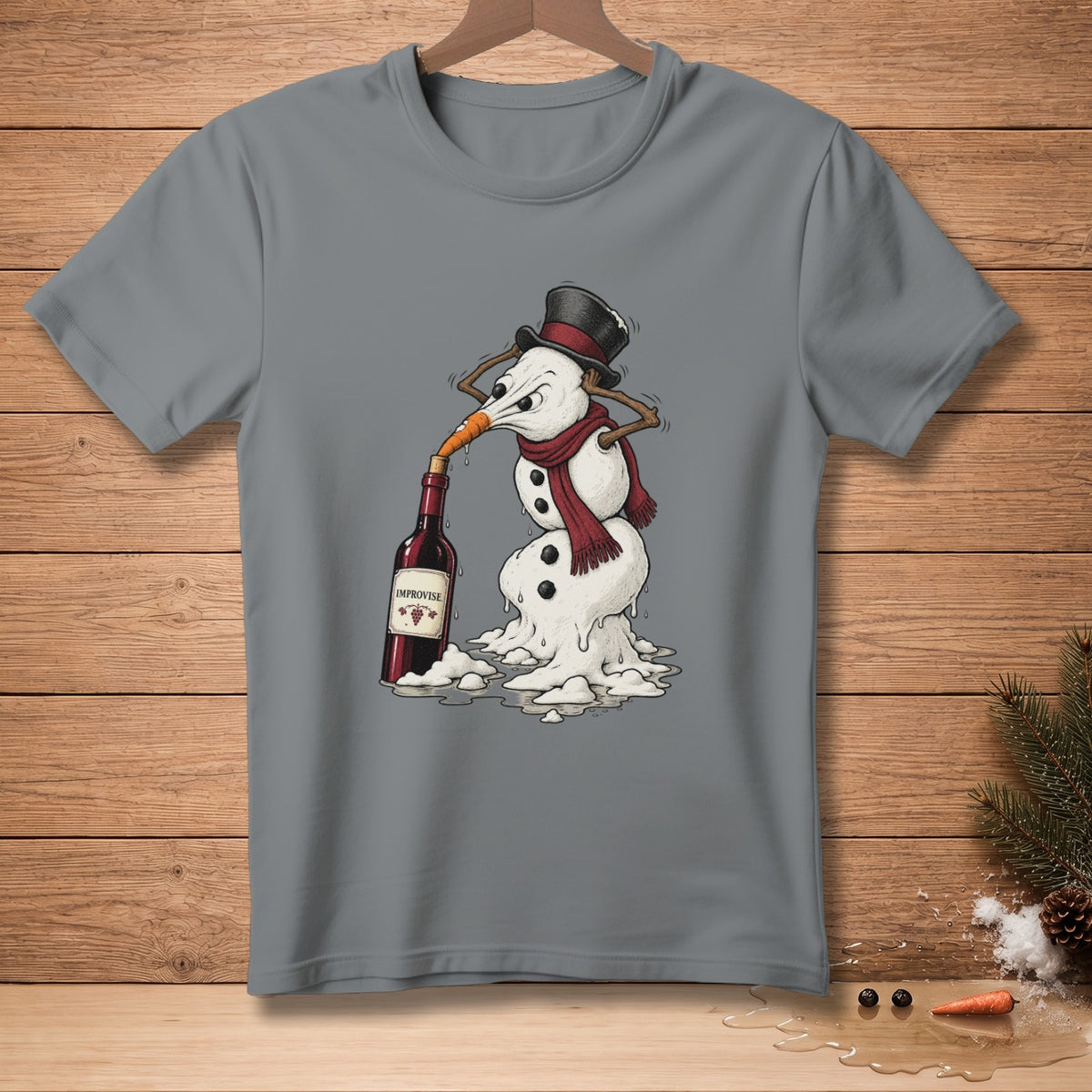 Melting snowman wearing a hat and scarf drinks from a wine bottle.