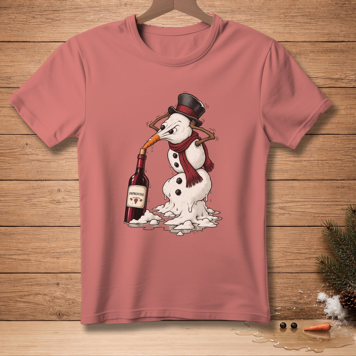 Melting snowman drinking from wine bottle labeled "IMPROVISE" on a pink shirt.