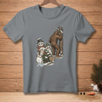 Bigfoot hiding behind tree near snowmen playing hide-and-seek; sign says "READY OR NOT."