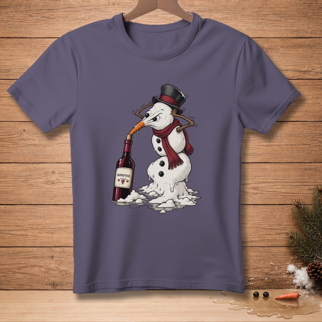 Melting snowman drinking wine from a bottle with "Improvise" label.