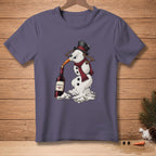 Melting snowman drinking wine from a bottle with "Improvise" label.
