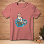 Two snowmen on a paddleboard with a turtle and the text "GO WITH THE FLOW."