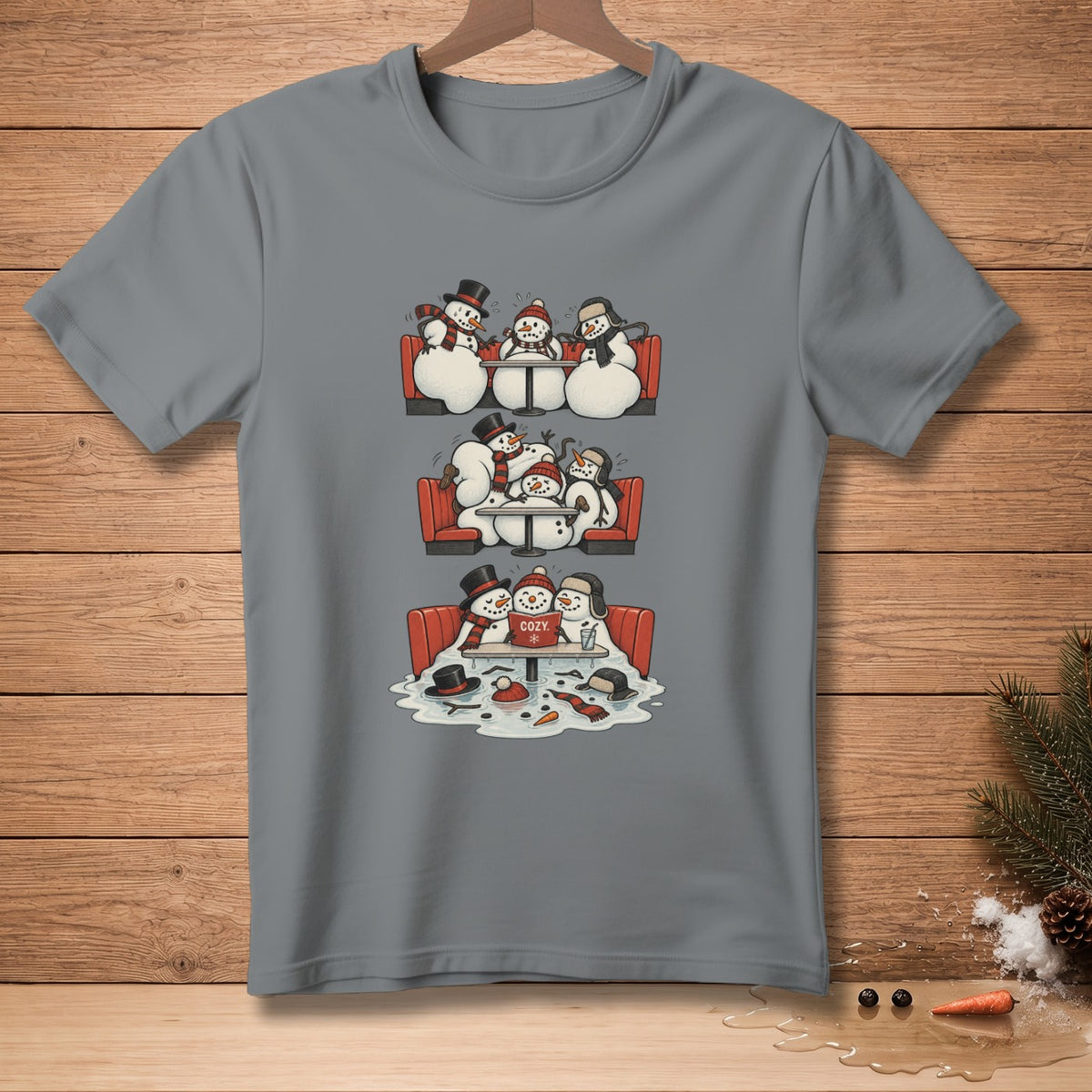 Three scenes of melting snowmen sitting at tables inside a diner, with "Cozy" text.