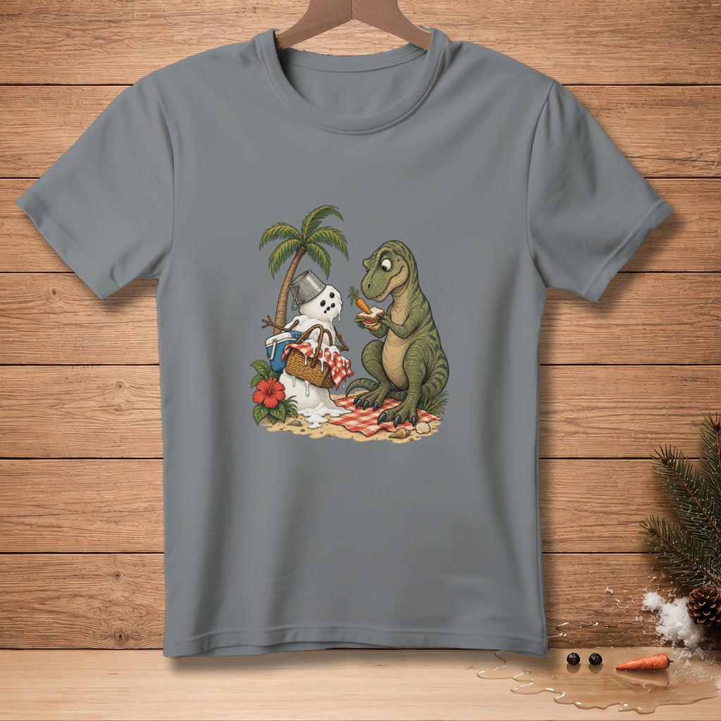 T-Rex holding carrots shares a picnic with a melting snowman on the beach.