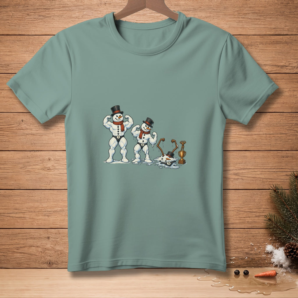 Muscular snowmen in top hats and scarves, one melting.