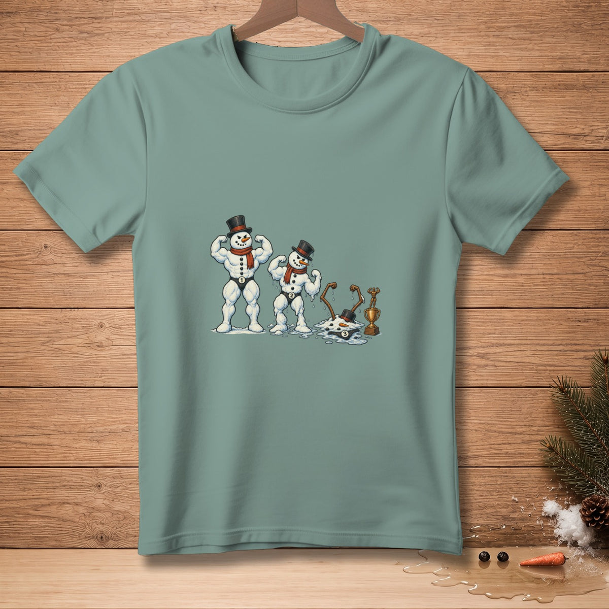 Muscular snowmen in top hats and scarves, one melting.
