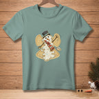 Snowman with angel wings, wearing a top hat and scarf, with "Angelic" text.