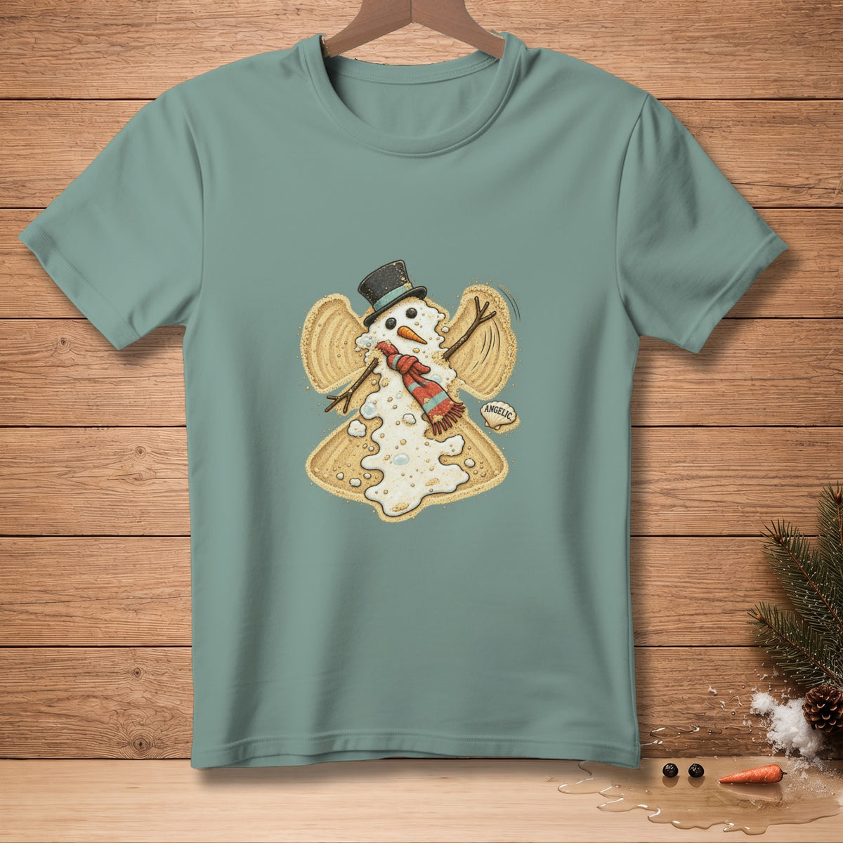 Snowman with angel wings, wearing a top hat and scarf, with "Angelic" text.