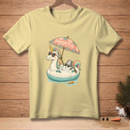 Unicorn and snowman enjoying a pool float under an umbrella with "THOUGHTFUL" text.