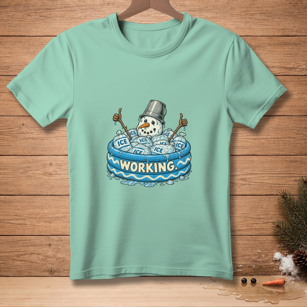 Snowman in inflatable pool with ice bags, text "WORKING".