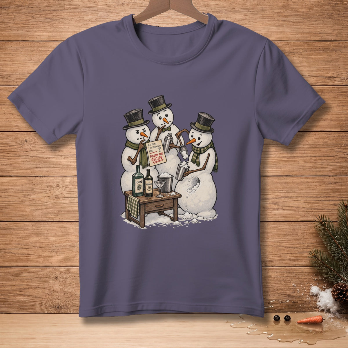 Three snowmen in top hats making a cocktail, with a recipe card that says "FOLLOW THE RECIPE."