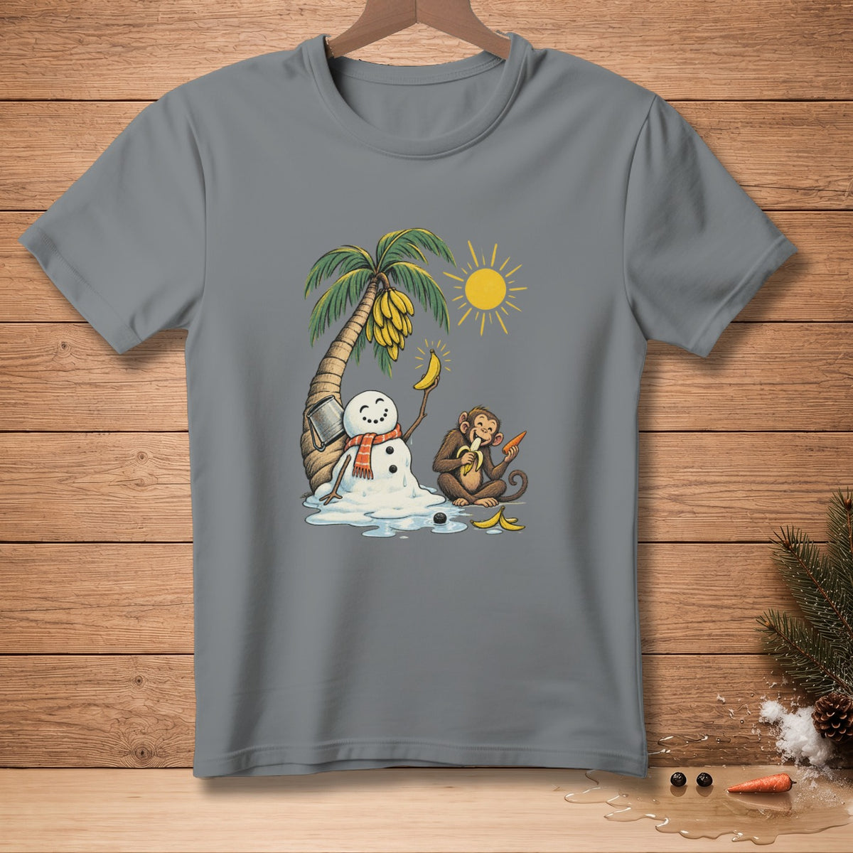 Monkey eats banana next to melting snowman under palm tree with bananas.
