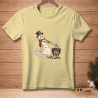 Melting snowman with hat grilling hot dogs and text "LOW & SLOW".