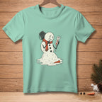 Melting snowman in scarf holding thermometer reading "Confirmed" on mint t-shirt.